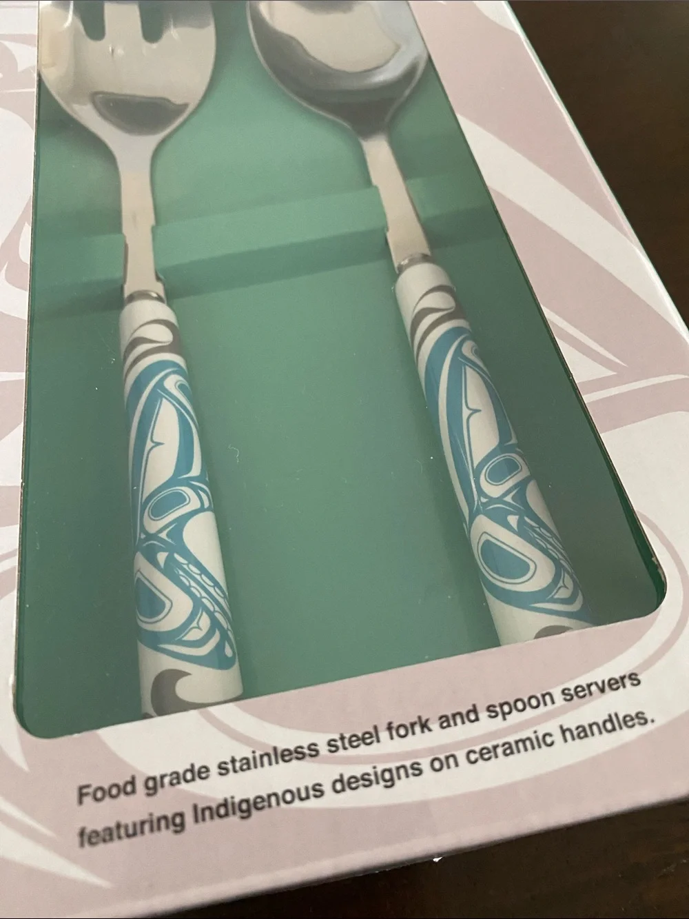 Serving Spoon and Fork Set with Blue Swirl Handles - Home Dining